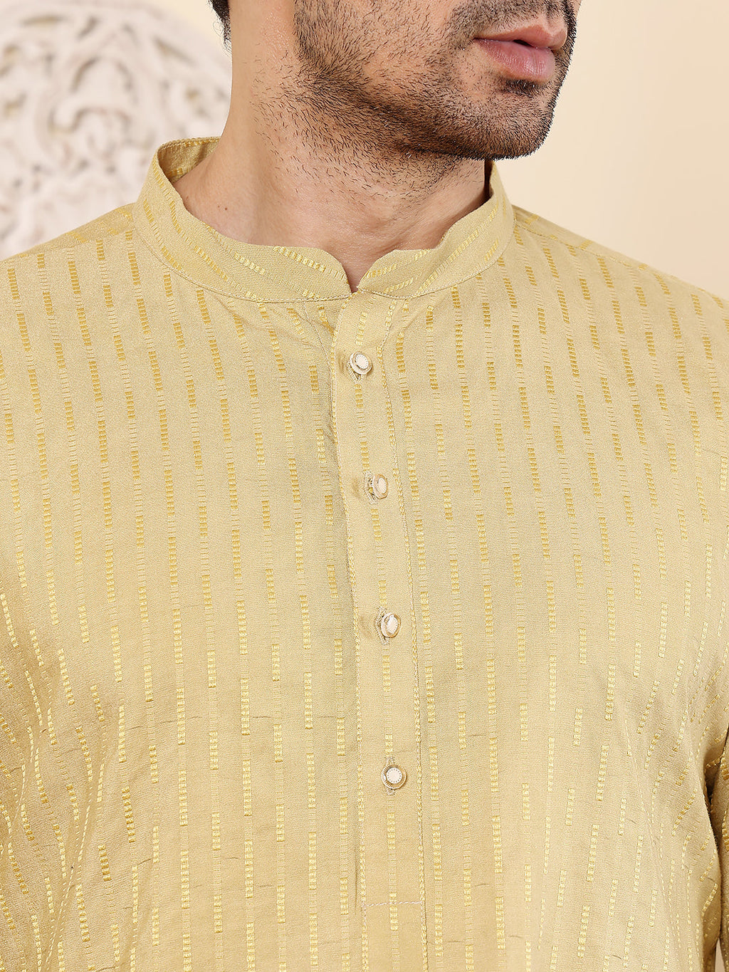 MULTI SHADES Men's Yellow Straight Rayon Silk Kurta With Textured Effect,Cream Solid Trouser Style Churidar | Grocsy