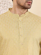 MULTI SHADES Men's Yellow Straight Rayon Silk Kurta With Textured Effect,Cream Solid Trouser Style Churidar | Grocsy