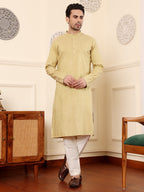 MULTI SHADES Men's Yellow Straight Rayon Silk Kurta With Textured Effect,Cream Solid Trouser Style Churidar | Grocsy