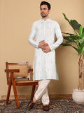 MULTI SHADES Men's Light Blue Straight Viscose Silk Kurta With Embroidered Neckline And Motifs,Cream Solid Trouser Style Churidar | Grocsy