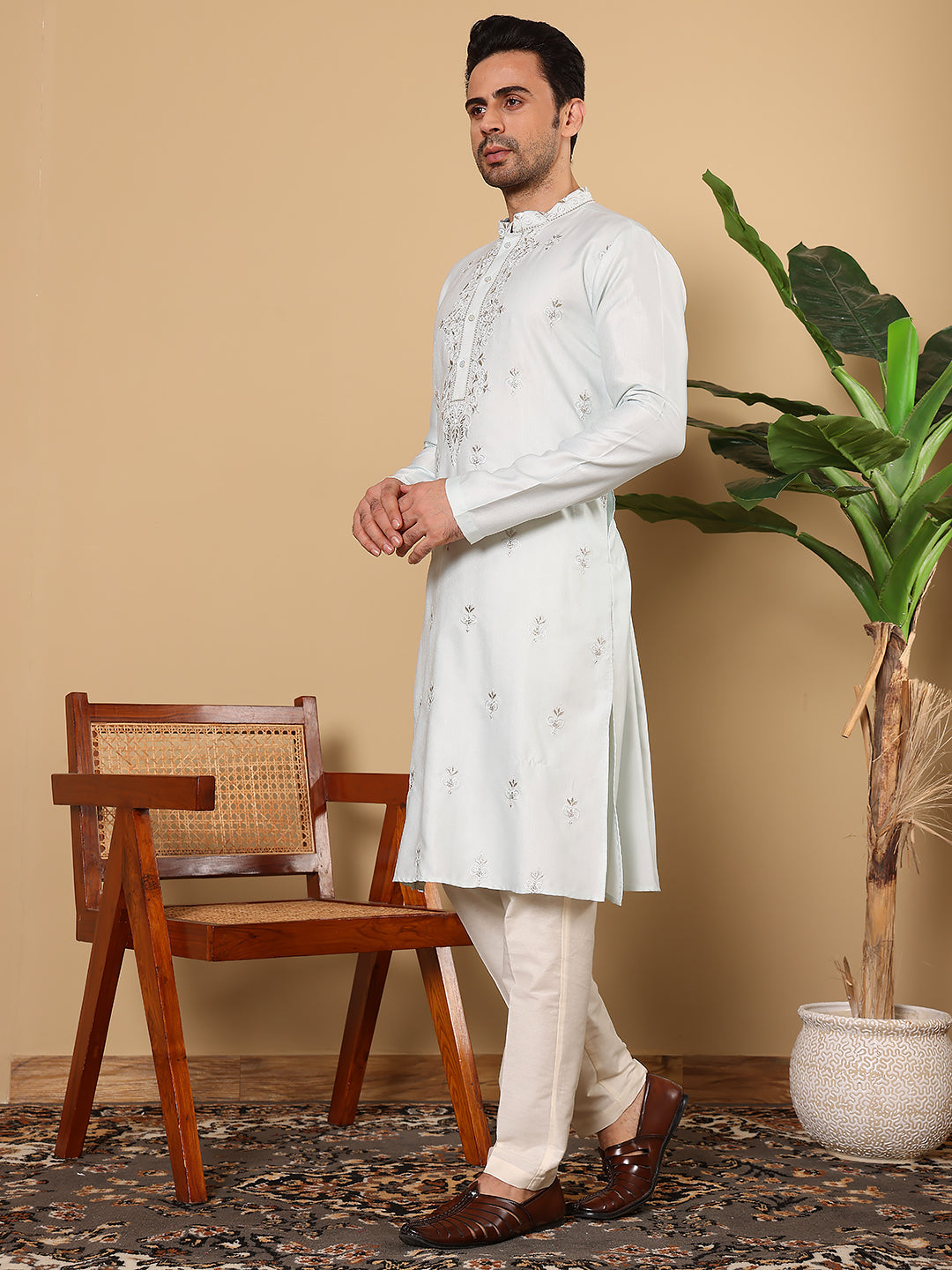 MULTI SHADES Men's Long Sleeve Mandarin Collar Light Blue Straight Viscose Silk Kurta With Embroidered Neckline And Motifs | Grocsy