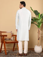 MULTI SHADES Men's Long Sleeve Mandarin Collar Light Blue Straight Viscose Silk Kurta With Embroidered Neckline And Motifs | Grocsy