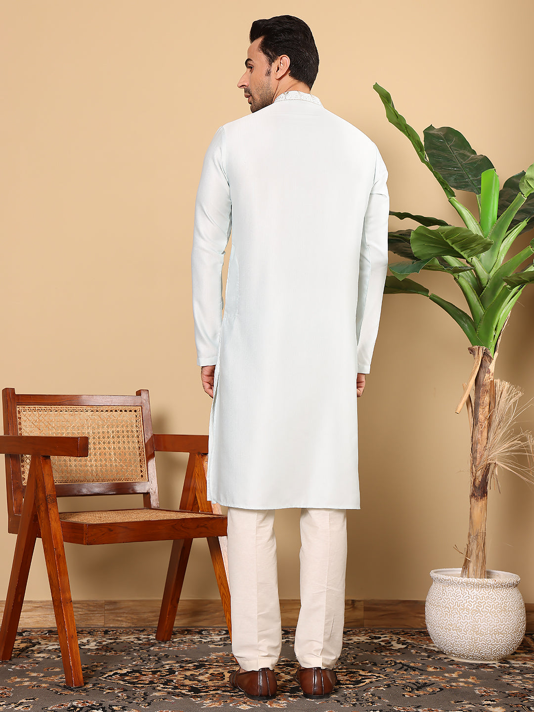 MULTI SHADES Men's Long Sleeve Mandarin Collar Light Blue Straight Viscose Silk Kurta With Embroidered Neckline And Motifs | Grocsy