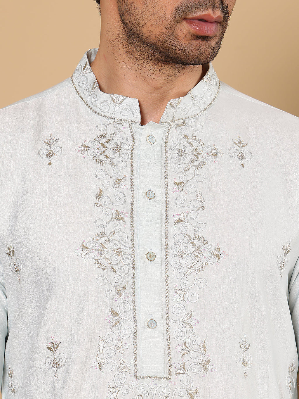 MULTI SHADES Men's Light Blue Straight Viscose Silk Kurta With Embroidered Neckline And Motifs,Cream Solid Trouser Style Churidar | Grocsy