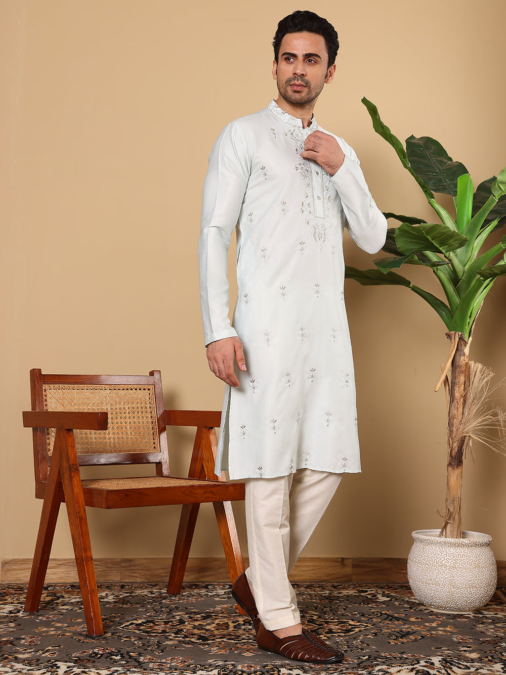 MULTI SHADES Men's Light Blue Straight Viscose Silk Kurta With Embroidered Neckline And Motifs,Cream Solid Trouser Style Churidar | Grocsy