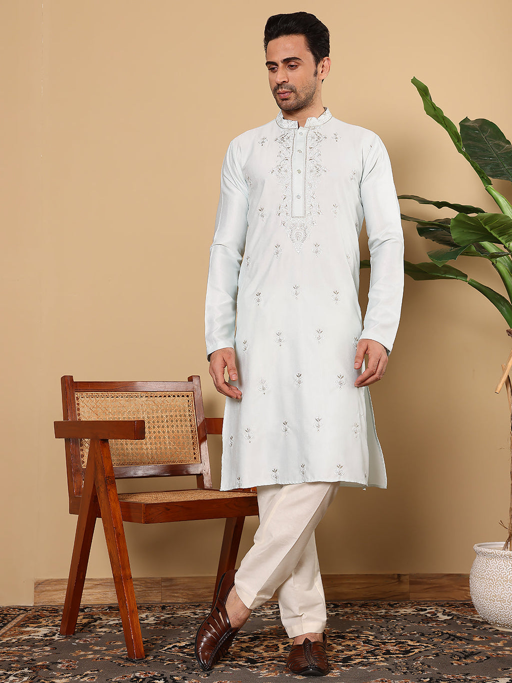 MULTI SHADES Men's Light Blue Straight Viscose Silk Kurta With Embroidered Neckline And Motifs,Cream Solid Trouser Style Churidar | Grocsy