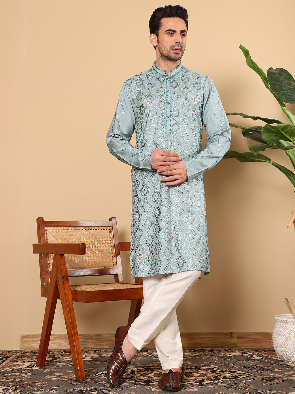 MULTI SHADES Men's Blue Straight Viscose Silk Kurta With Embroidered Neckline And Motifs,Cream Solid Trouser Style Churidar | Grocsy