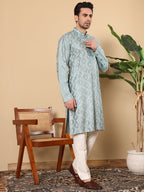 MULTI SHADES Men's Blue Straight Viscose Silk Kurta With Embroidered Neckline And Motifs,Cream Solid Trouser Style Churidar | Grocsy