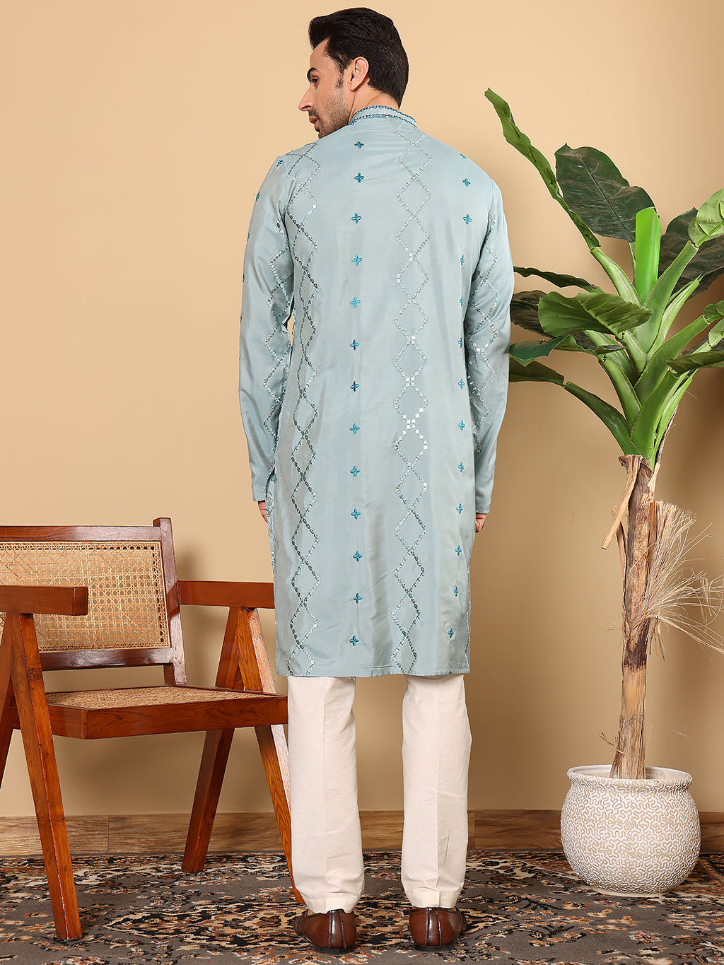 MULTI SHADES Men's Blue Straight Viscose Silk Kurta With Embroidered Neckline And Motifs,Cream Solid Trouser Style Churidar | Grocsy