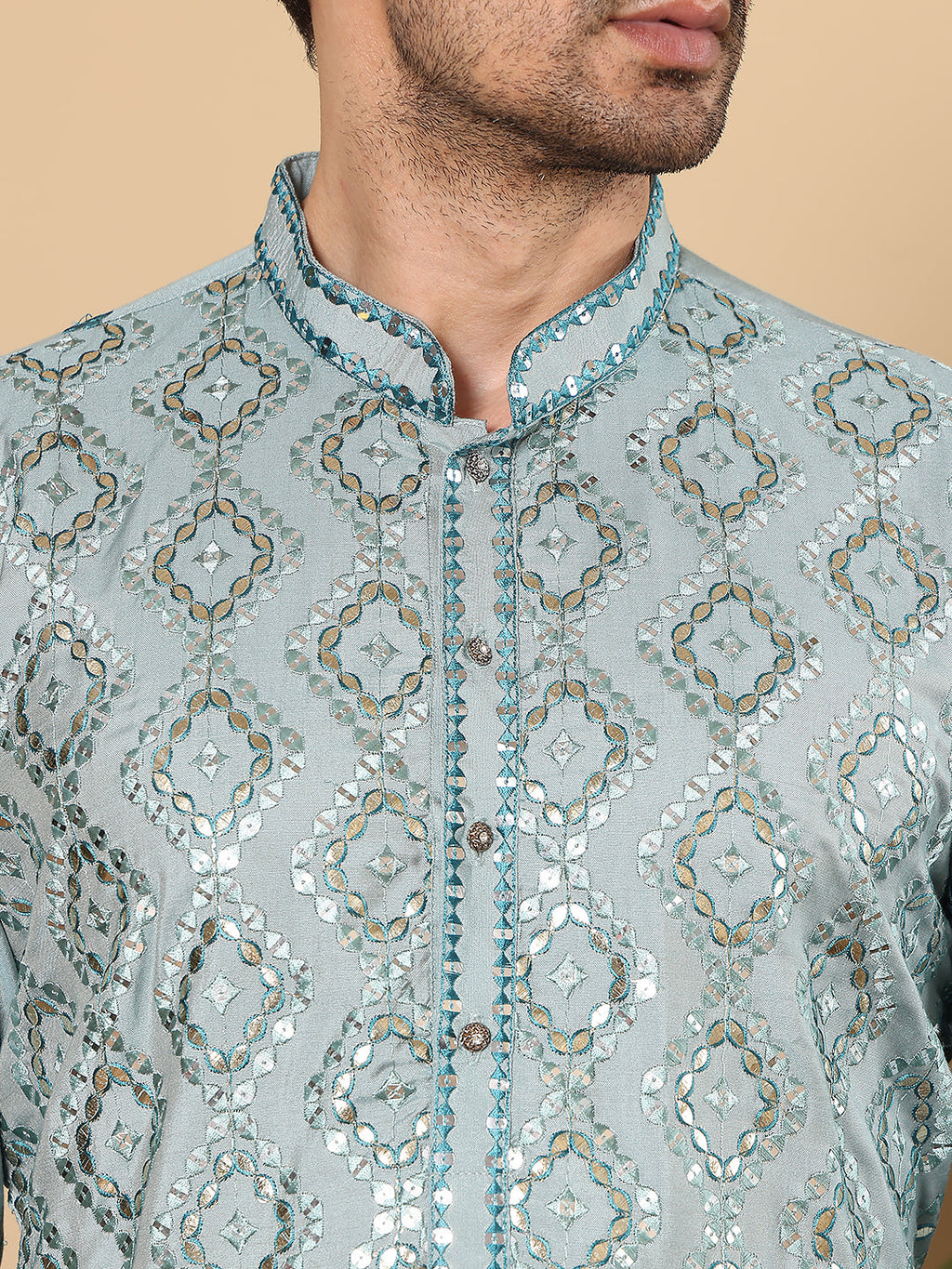 MULTI SHADES Men's Blue Straight Viscose Silk Kurta With Embroidered Neckline And Motifs,Cream Solid Trouser Style Churidar | Grocsy