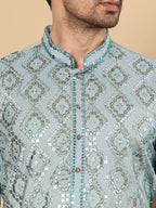 MULTI SHADES Men's Blue Straight Viscose Silk Kurta With Embroidered Neckline And Motifs,Cream Solid Trouser Style Churidar | Grocsy