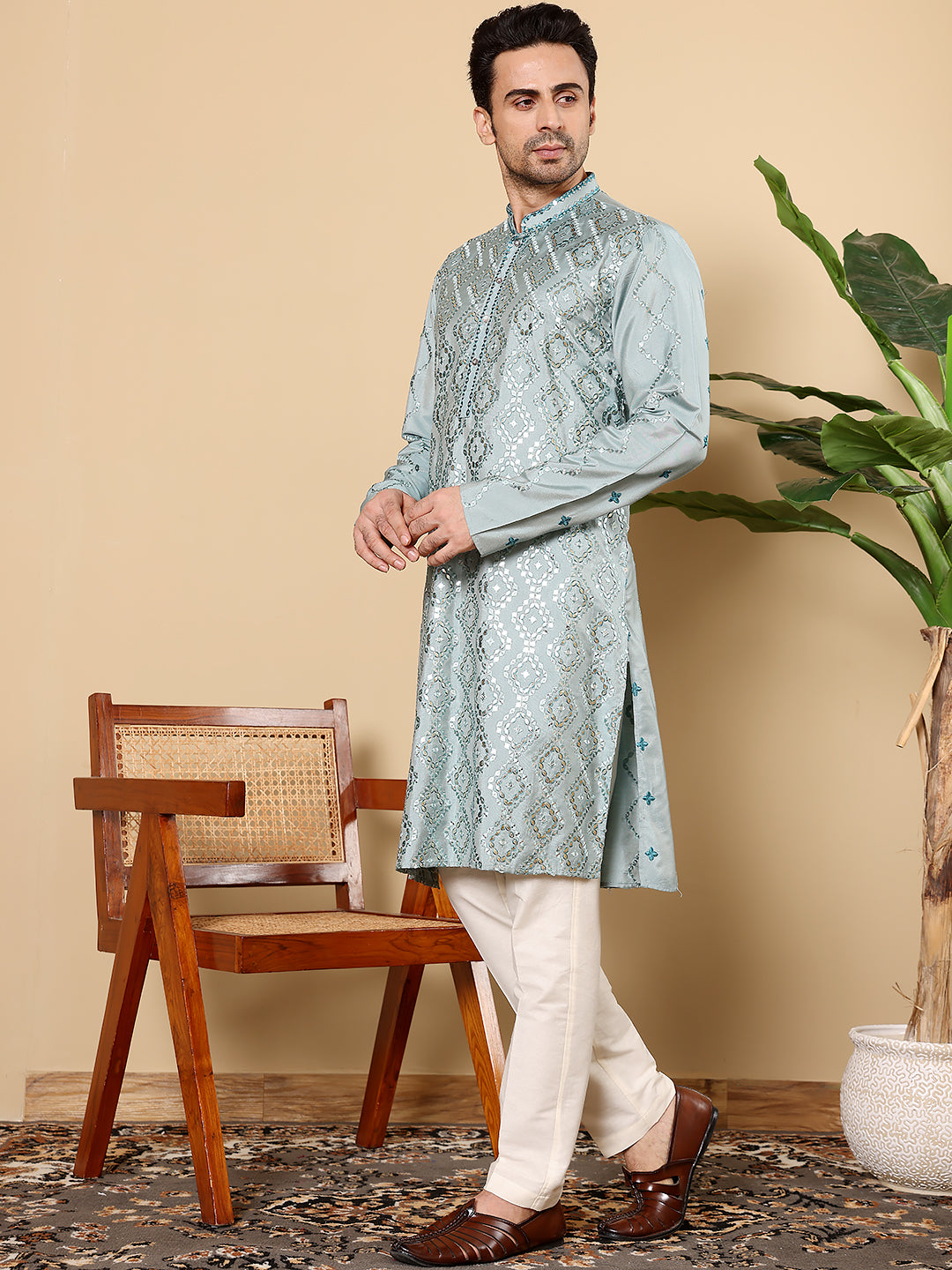 MULTI SHADES Men's Blue Straight Viscose Silk Kurta With Embroidered Neckline And Motifs,Cream Solid Trouser Style Churidar | Grocsy