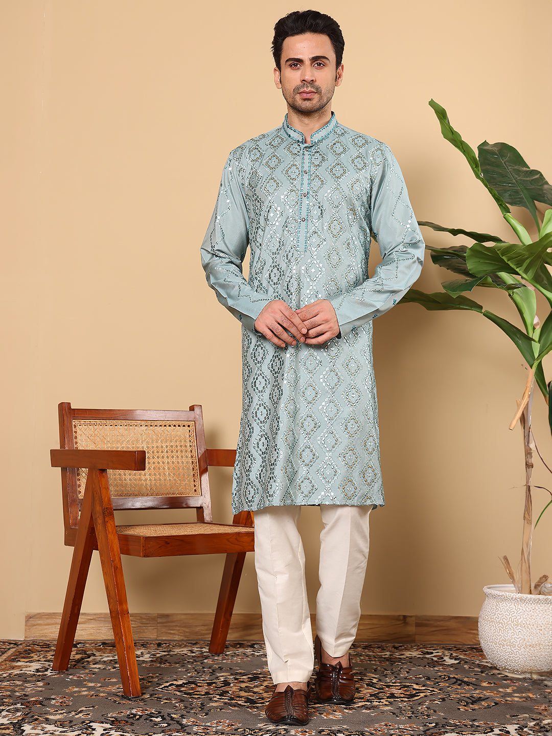 MULTI SHADES Men's Long Sleeve Mandarin Collar Blue Straight Viscose Silk Kurta With Embroidered Neckline And Motifs | Grocsy