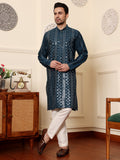MULTI SHADES Men's Dark Blue Straight Viscose Silk Kurta With Embroidered Neckline And Motifs,Off White Solid Trouser Style Churidar | Grocsy