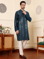 MULTI SHADES Men's Dark Blue Straight Viscose Silk Kurta With Embroidered Neckline And Motifs,Off White Solid Trouser Style Churidar | Grocsy