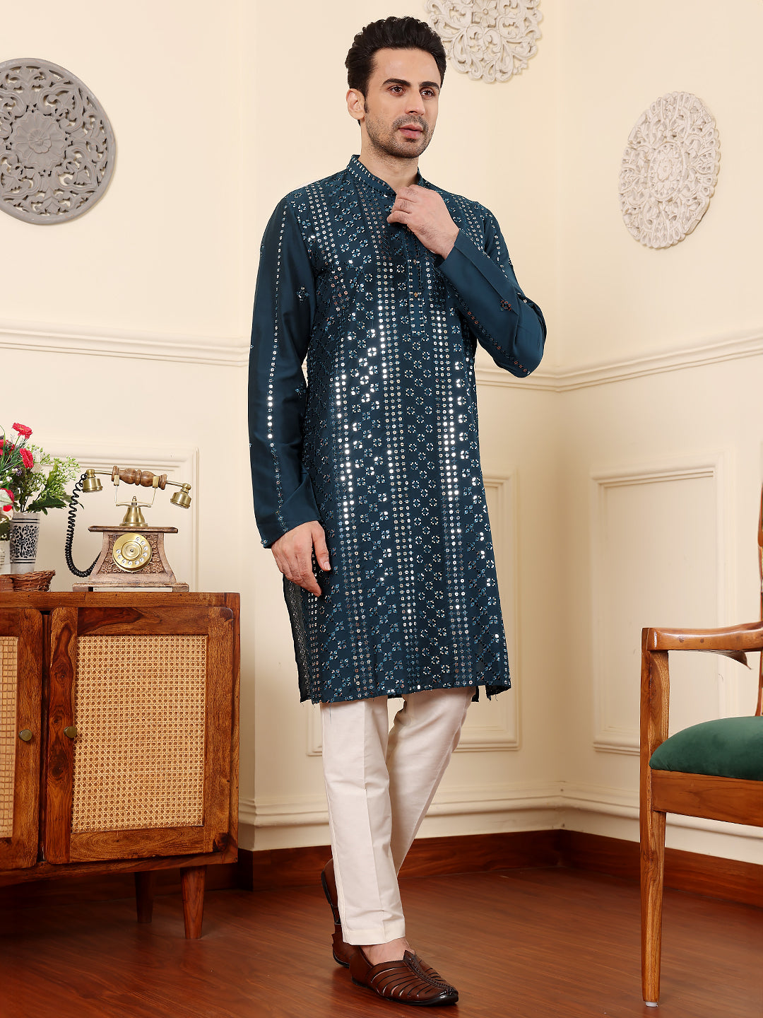 MULTI SHADES Men's Dark Blue Straight Viscose Silk Kurta With Embroidered Neckline And Motifs,Off White Solid Trouser Style Churidar | Grocsy