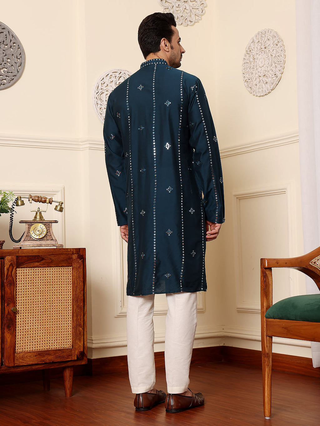 MULTI SHADES Men's Dark Blue Straight Viscose Silk Kurta With Embroidered Neckline And Motifs,Off White Solid Trouser Style Churidar | Grocsy