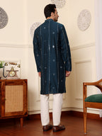 MULTI SHADES Men's Dark Blue Straight Viscose Silk Kurta With Embroidered Neckline And Motifs,Off White Solid Trouser Style Churidar | Grocsy
