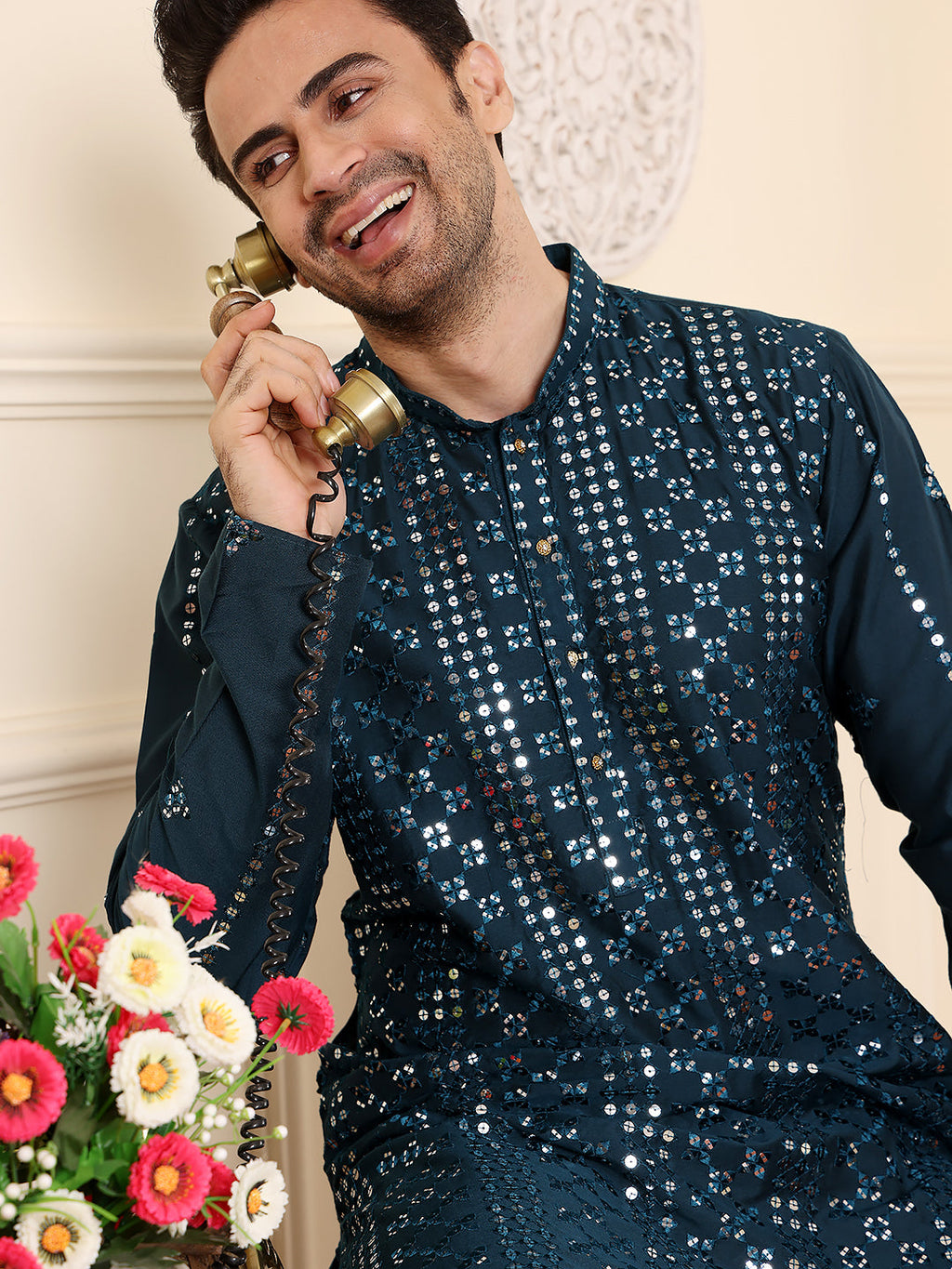 MULTI SHADES Men's Dark Blue Straight Viscose Silk Kurta With Embroidered Neckline And Motifs,Off White Solid Trouser Style Churidar | Grocsy