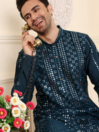 MULTI SHADES Men's Dark Blue Straight Viscose Silk Kurta With Embroidered Neckline And Motifs,Off White Solid Trouser Style Churidar | Grocsy