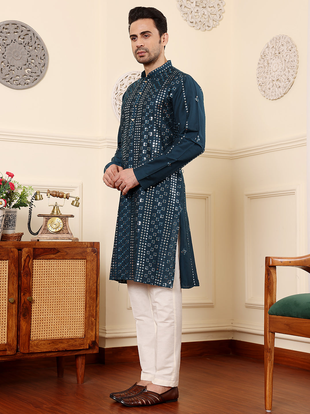 MULTI SHADES Men's Dark Blue Straight Viscose Silk Kurta With Embroidered Neckline And Motifs,Off White Solid Trouser Style Churidar | Grocsy