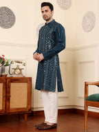 MULTI SHADES Men's Long Sleeve Mandarin Collar Dark Blue Straight Viscose Silk Kurta With Embroidered Neckline And Motifs | Grocsy