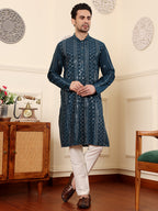MULTI SHADES Men's Dark Blue Straight Viscose Silk Kurta With Embroidered Neckline And Motifs,Off White Solid Trouser Style Churidar | Grocsy