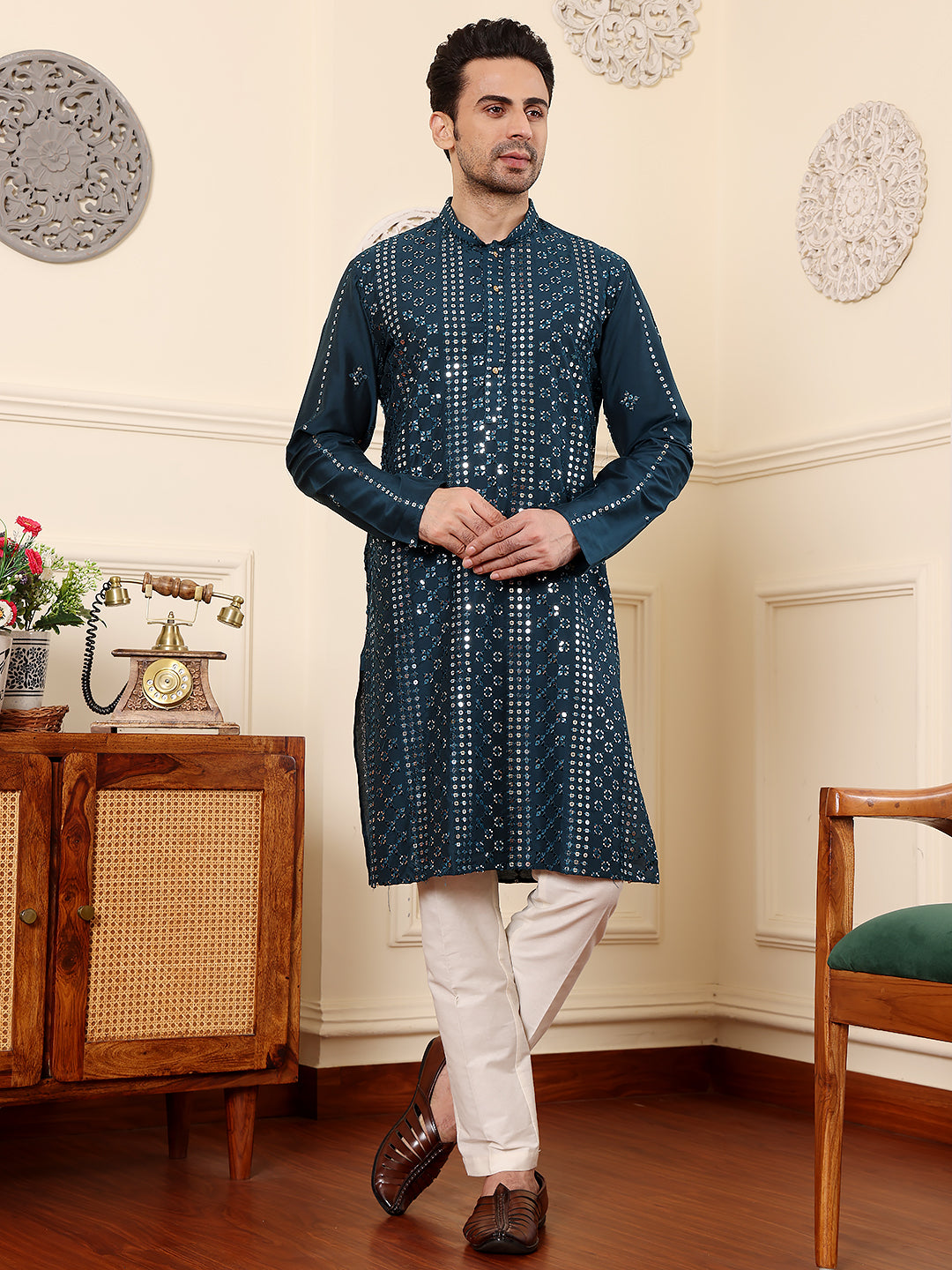 MULTI SHADES Men's Long Sleeve Mandarin Collar Dark Blue Straight Viscose Silk Kurta With Embroidered Neckline And Motifs | Grocsy