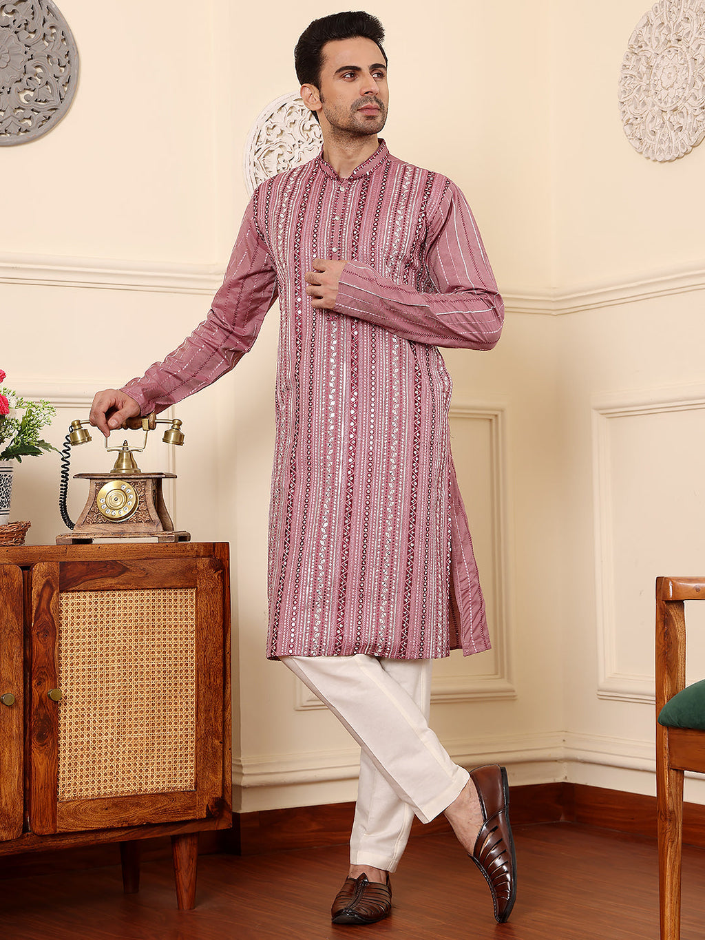 MULTI SHADES Men's Pink Straight Viscose Silk Kurta With Embroidered Neckline And Motifs,Off White Solid Trouser Style Churidar | Grocsy