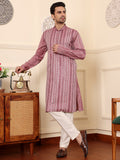 MULTI SHADES Men's Pink Straight Viscose Silk Kurta With Embroidered Neckline And Motifs,Off White Solid Trouser Style Churidar | Grocsy