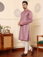 MULTI SHADES Men's Pink Straight Viscose Silk Kurta With Embroidered Neckline And Motifs,Off White Solid Trouser Style Churidar | Grocsy