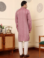 MULTI SHADES Men's Pink Straight Viscose Silk Kurta With Embroidered Neckline And Motifs,Off White Solid Trouser Style Churidar | Grocsy