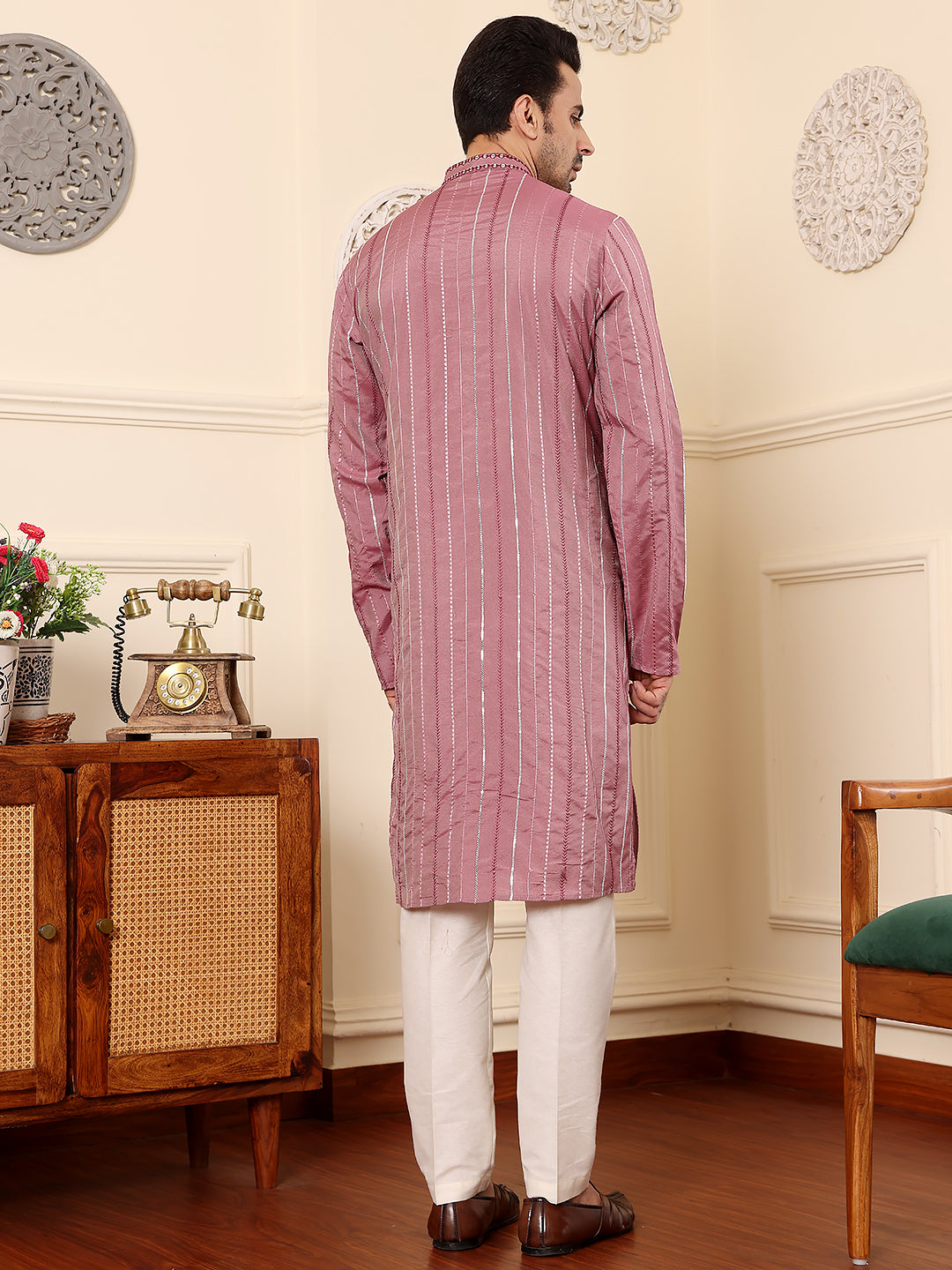 MULTI SHADES Men's Pink Straight Viscose Silk Kurta With Embroidered Neckline And Motifs,Off White Solid Trouser Style Churidar | Grocsy