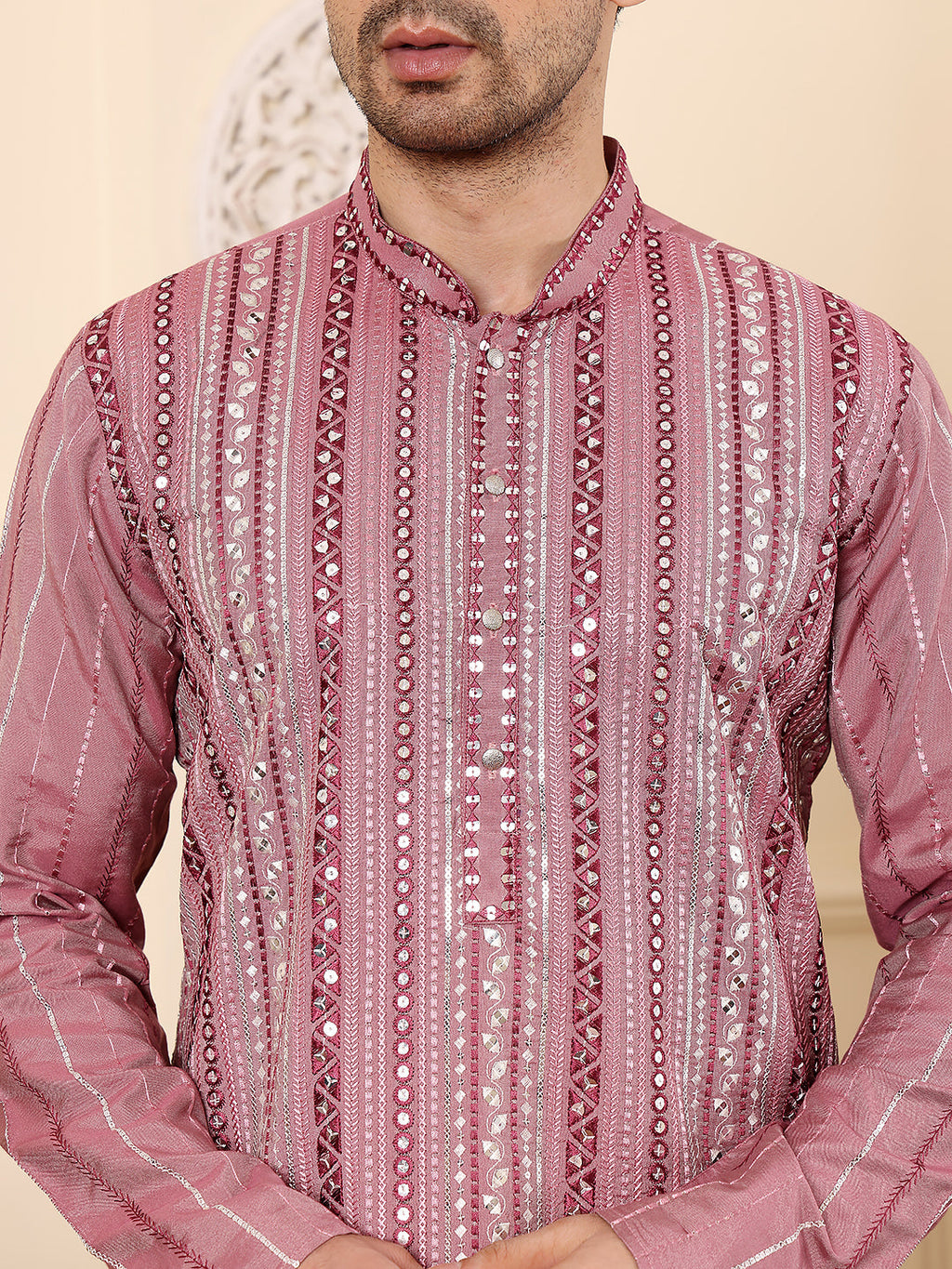 MULTI SHADES Men's Pink Straight Viscose Silk Kurta With Embroidered Neckline And Motifs,Off White Solid Trouser Style Churidar | Grocsy