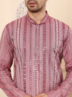 MULTI SHADES Men's Pink Straight Viscose Silk Kurta With Embroidered Neckline And Motifs,Off White Solid Trouser Style Churidar | Grocsy
