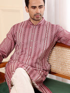 MULTI SHADES Men's Pink Straight Viscose Silk Kurta With Embroidered Neckline And Motifs,Off White Solid Trouser Style Churidar | Grocsy