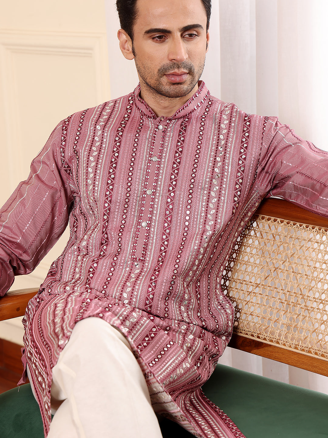 MULTI SHADES Men's Pink Straight Viscose Silk Kurta With Embroidered Neckline And Motifs,Off White Solid Trouser Style Churidar | Grocsy