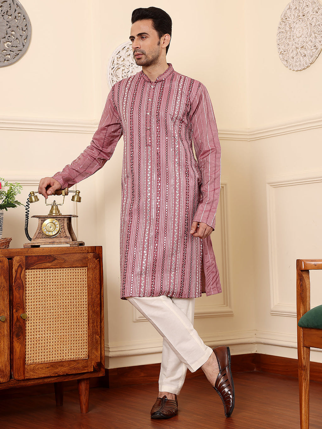 MULTI SHADES Men's Pink Straight Viscose Silk Kurta With Embroidered Neckline And Motifs,Off White Solid Trouser Style Churidar | Grocsy