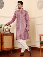 MULTI SHADES Men's Pink Straight Viscose Silk Kurta With Embroidered Neckline And Motifs,Off White Solid Trouser Style Churidar | Grocsy