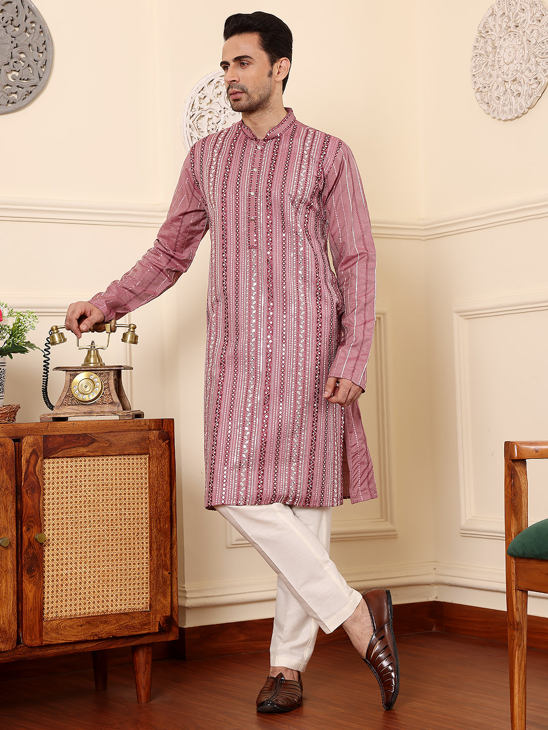 MULTI SHADES Men's Long Sleeve Mandarin Collar Pink Straight Viscose Silk Kurta With Embroidered Neckline And Motifs | Grocsy