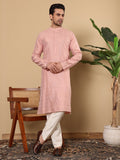 MULTI SHADES Men's Pink Straight Viscose Silk Kurta With Textured Effect,Off White Solid Trouser Style Churidar | Grocsy