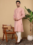 MULTI SHADES Men's Pink Straight Viscose Silk Kurta With Textured Effect,Off White Solid Trouser Style Churidar | Grocsy
