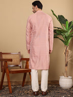 MULTI SHADES Men's Pink Straight Viscose Silk Kurta With Textured Effect,Off White Solid Trouser Style Churidar | Grocsy