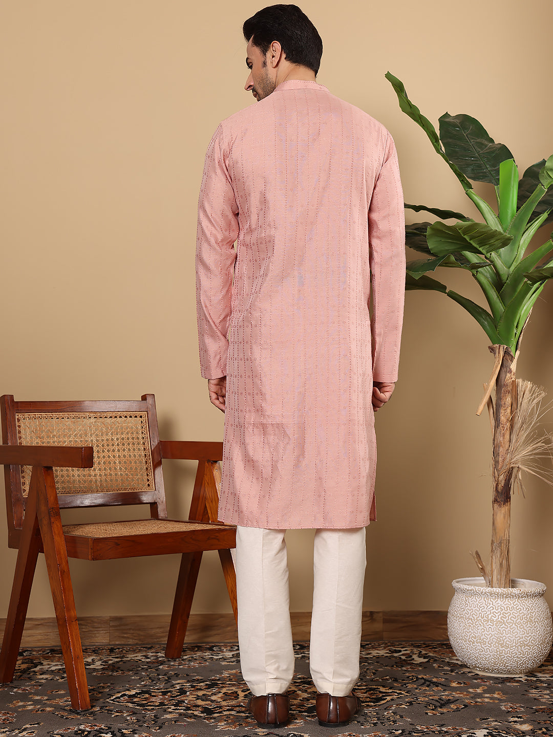MULTI SHADES Men's Pink Straight Viscose Silk Kurta With Textured Effect,Off White Solid Trouser Style Churidar | Grocsy