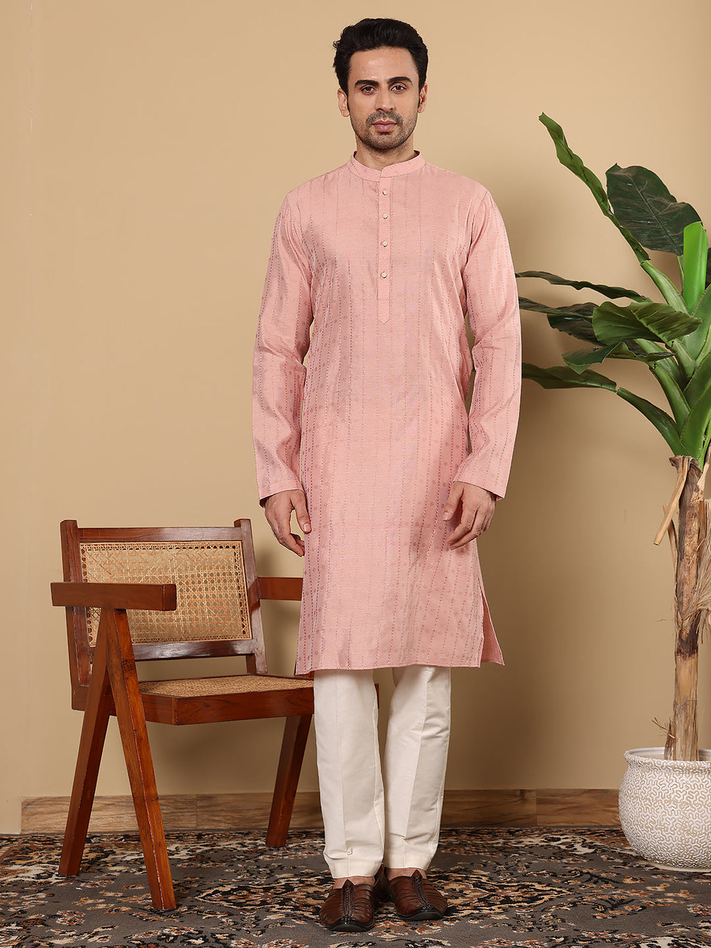 MULTI SHADES Men's Long Sleeve Mandarin Collar Pink Straight Viscose Silk Kurta With Textured Effect | Grocsy