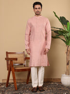 MULTI SHADES Men's Long Sleeve Mandarin Collar Pink Straight Viscose Silk Kurta With Textured Effect | Grocsy