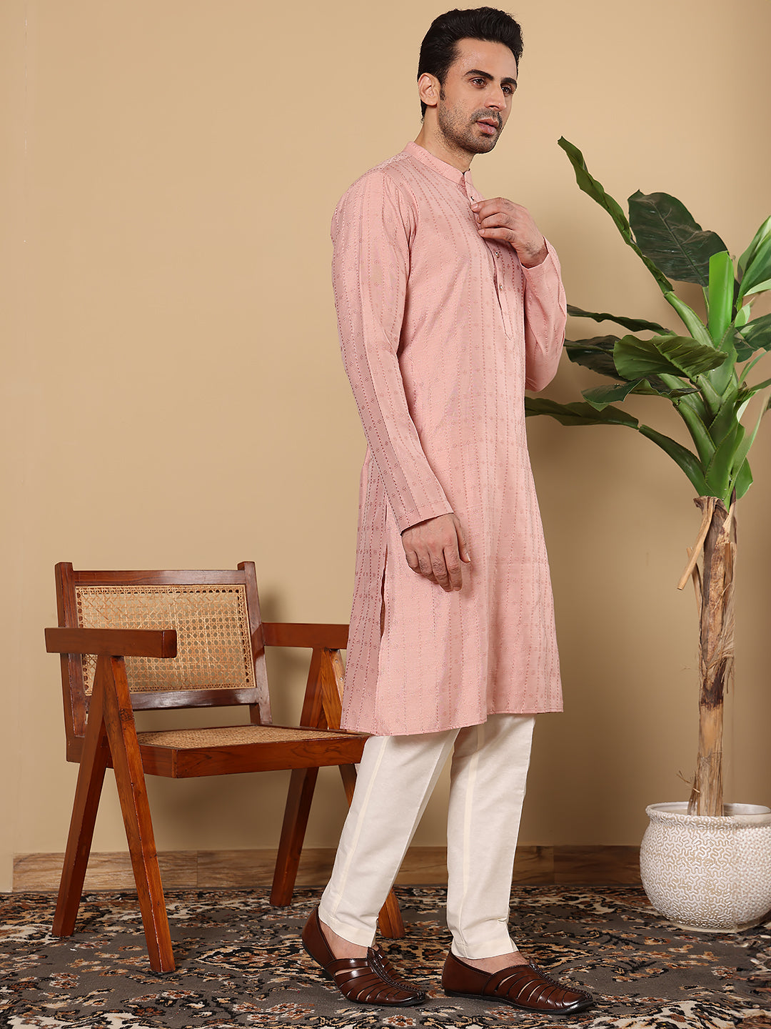 MULTI SHADES Men's Pink Straight Viscose Silk Kurta With Textured Effect,Off White Solid Trouser Style Churidar | Grocsy