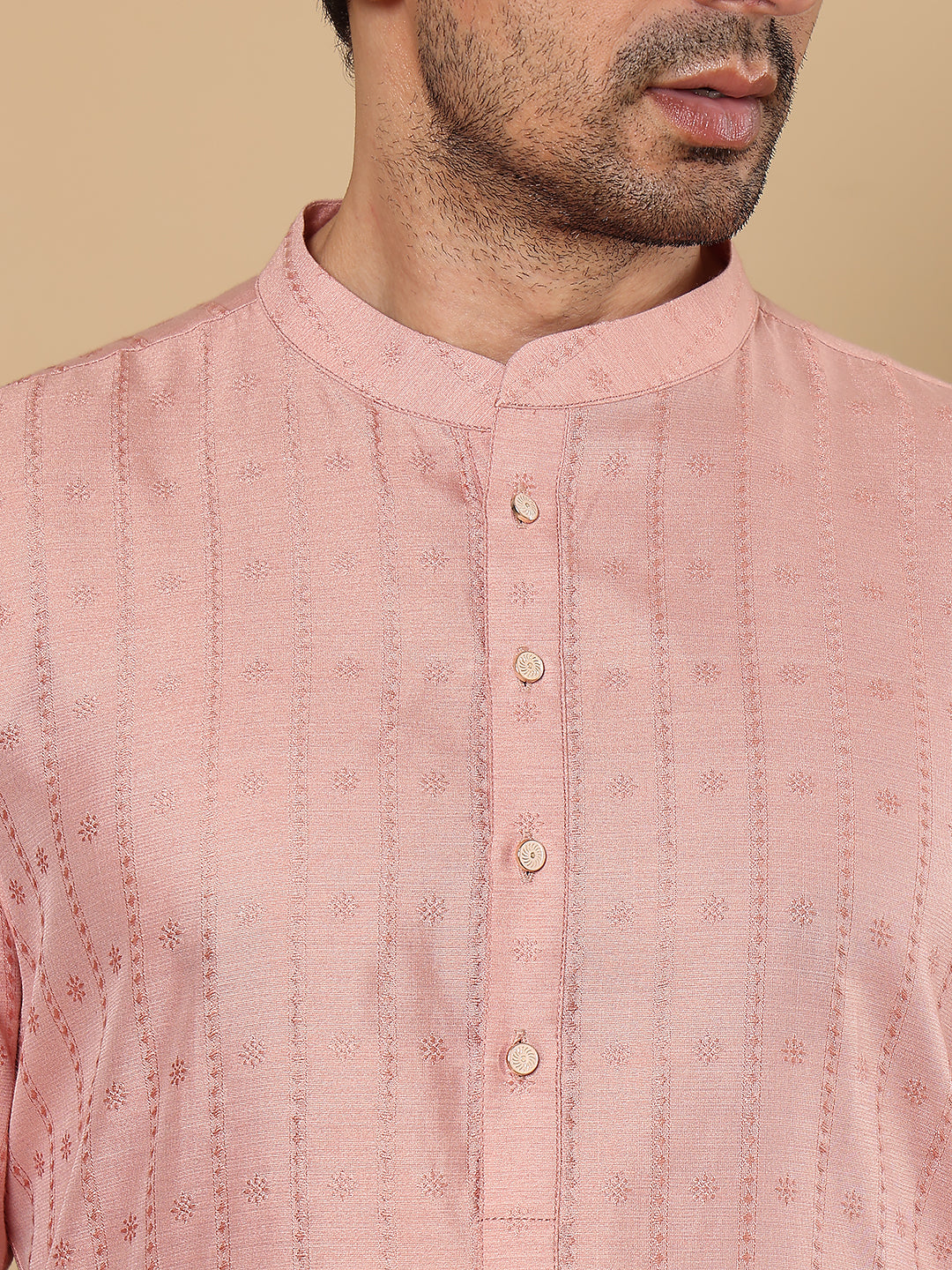 MULTI SHADES Men's Pink Straight Viscose Silk Kurta With Textured Effect,Off White Solid Trouser Style Churidar | Grocsy