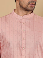 MULTI SHADES Men's Long Sleeve Mandarin Collar Pink Straight Viscose Silk Kurta With Textured Effect | Grocsy