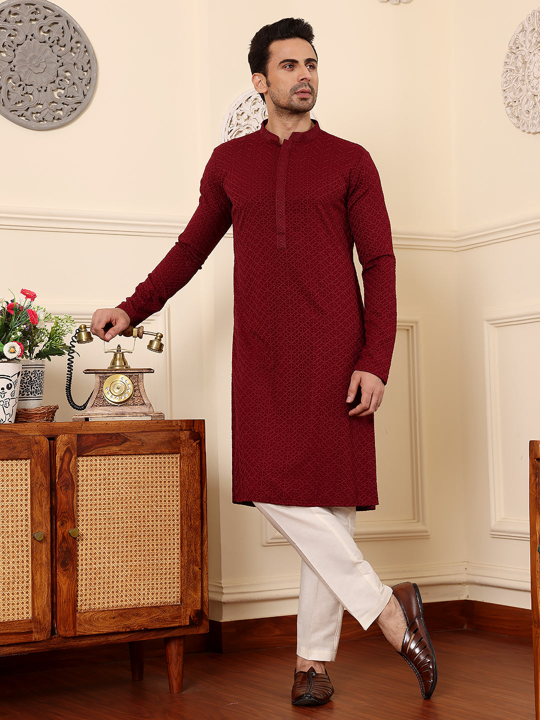 MULTI SHADES Men's Long Sleeve Mandarin Collar Rayon Silk Straight Classic Red Chikankari Kurta | Grocsy